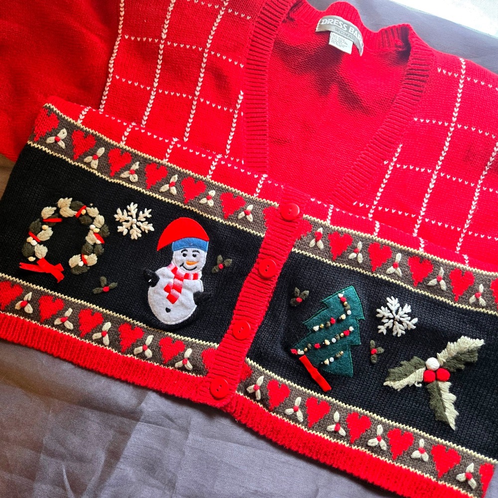 Vtg Dressbarn Red Christmas Grandmacore Embroidered Cardigan‎ Sweater 14/16